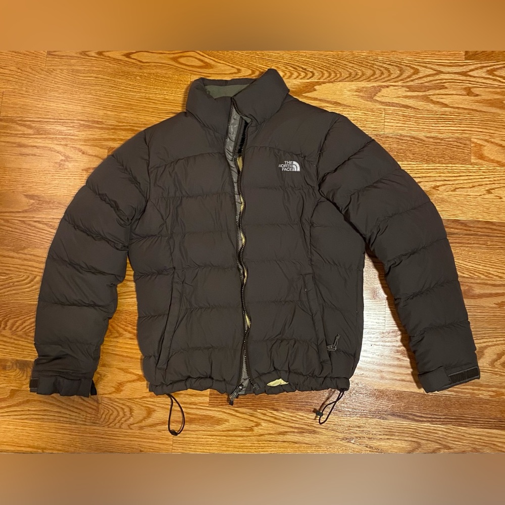 Medium North face puffer jacket- brown exterior and yellow interior